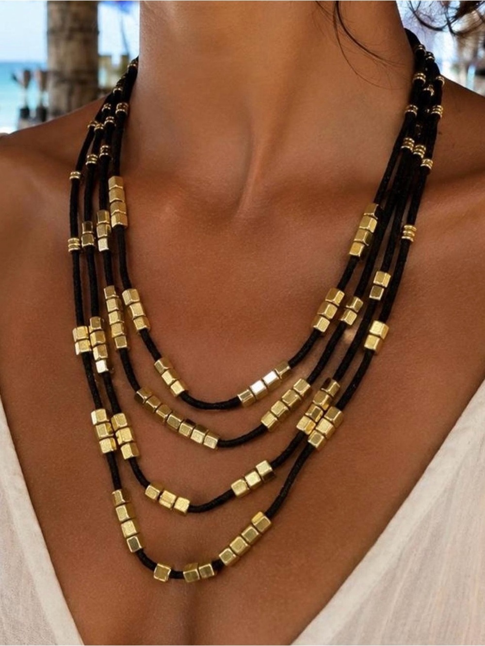 BCBG Multi-Strand Black Cord Necklace with Gold Beads